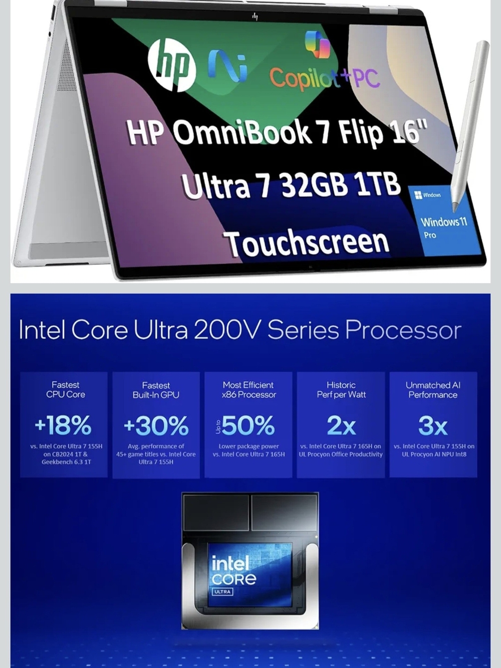 HP OmniBook 7 Flip 16" Ultra - 32GB RAM, 1TB SSD, Silver Touchscreen